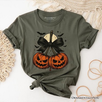 Pumpkin Cherries Coquette Bow T-Shirt, Retro Halloween Fall Season Tee for Sweet Autumn Girls| OrnamentallyYou