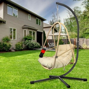 CAVINAS Indoor & Outdoor Wicker Patio Egg Chairs with Cup Holder & Stand,Swing Hanging Chairs for Bedroom,Backyard,Balcony,Beige - 1 of 4