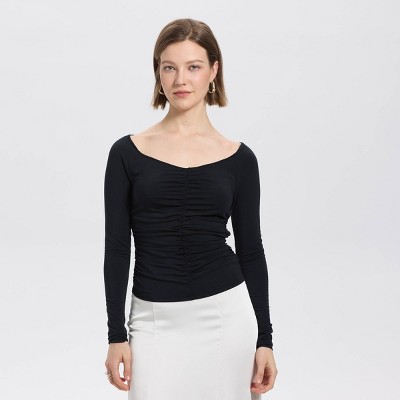Women's Long Sleeve Ruched Boatneck Woven Blouse - A New Day™ Black