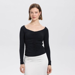 Women's Long Sleeve Ruched Boatneck Woven Blouse - A New Day™ Black - 1 of 3