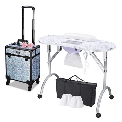 Byootique Folding Manicure Nail Table & Rolling Makeup Train Case Mermaid Silver
