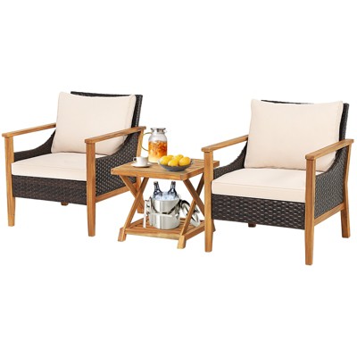 Tangkula 3 Pieces PE Wicker Patio Bistro Set Outdoor Acacia Wood Conversation Set with Cushions and 2-Tier Coffee Table
