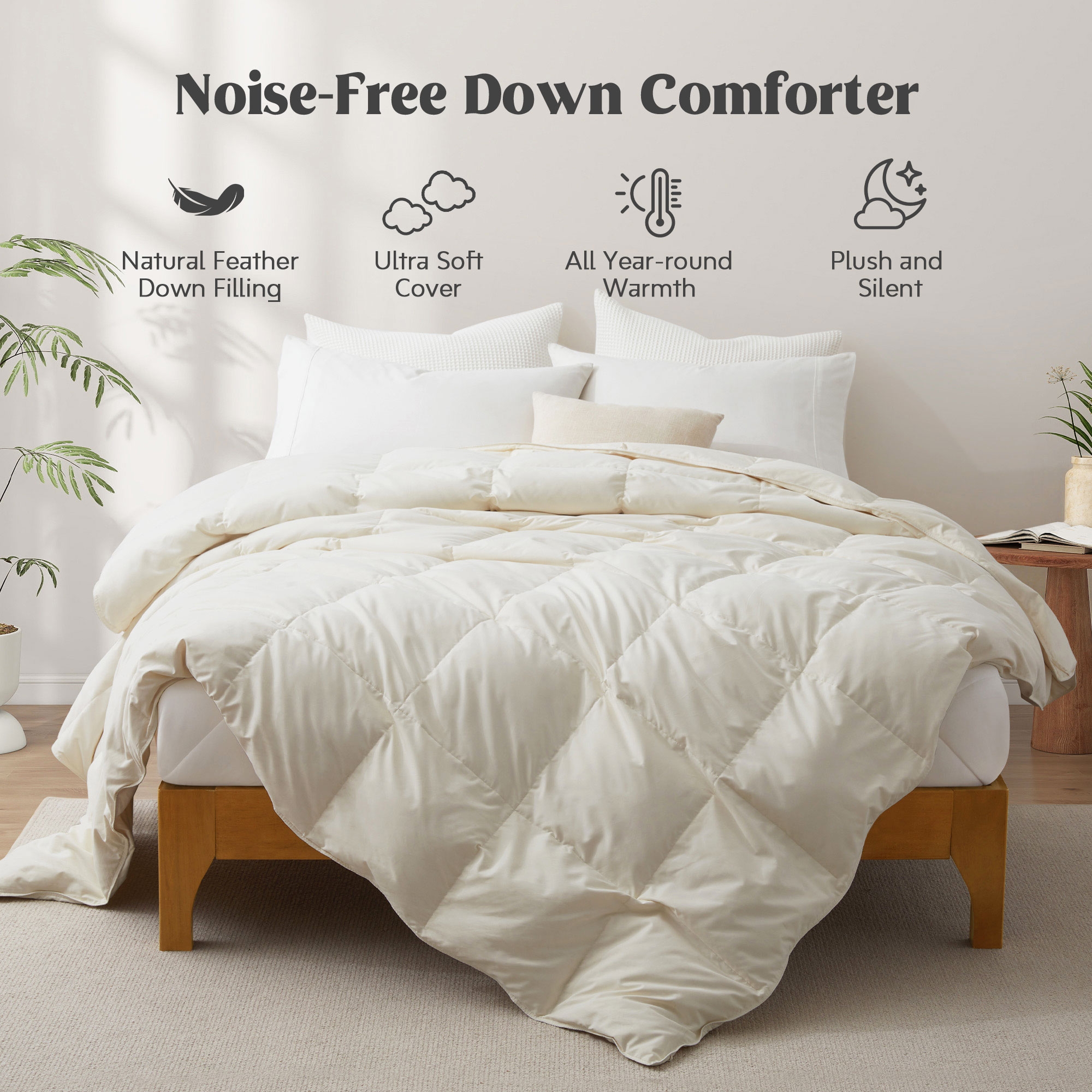 Peace Nest Ultra Soft Noiseless Down Comforter, Natural All Season Duvet Insert, Ivory, King, 104x88"