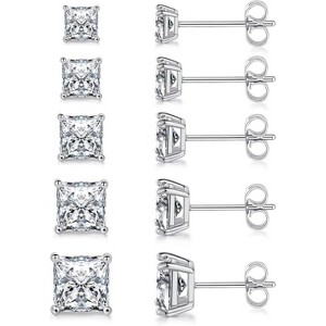 5-Pack Princess Cut CZ Stud Earrings - 18K White/Yellow/Rose Gold Plated Square Cubic Zirconia Earrings - 1 of 4