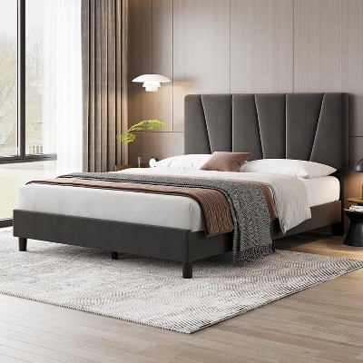 King Upholstered Platform Bed Frame - Full Size Modern Linen Headboard with Heavy Duty Metal Frame & Wood Slat Support, No Box Spring Needed,