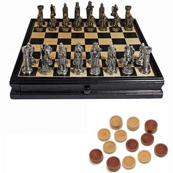 WE Games Medieval Chess & Checkers Game Set - Pewter Chessmen & Black Stained Wood Board with Storage Drawers 15 in.
