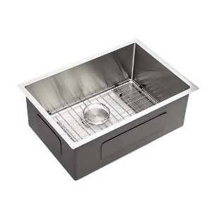 Sarlai SU2318R1-1 23 Inch Undermount Deep Basin Round Corner Kitchen Sink with Bottom Grid, Roll Up Rack, and Drain Assembly, Stainless Steel - 1 of 4