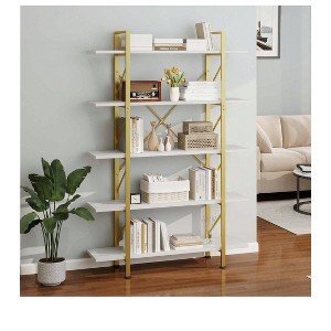 5 Tier Bookshelf Bookcase 5 Shelf Bookcase Industrial Rustic Vintage Open Storage Metal & Wood Bookshelf For Living Room Bedroom Home Office - 1 of 4