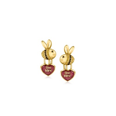 Ross-Simons 5.50 ct. t.w. Ruby "Bee Mine" Bumblebee Heart Drop Earrings With .10 ct. t.w. Citrines and .10 ct. t.w. Black Spinels in 18kt Gold Over