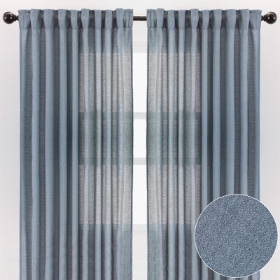 Dark Blue Faux Belgian Flax Semi-Sheer Window Curtain Panels, 52 x 96 Inches