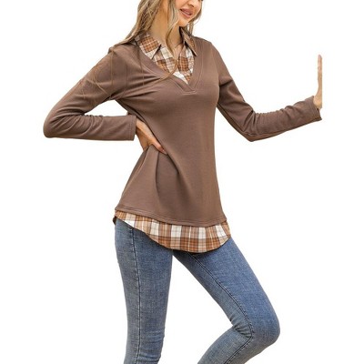WhizMax Women's Long Sleeve Contrast Collared Shirts Patchwork Work Blouse Tunics Tops