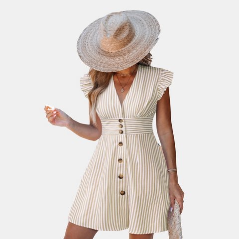 Женские платья Cupshe Women's Striped Button-Down Ruffle Sleeve Dress-XL-Beige