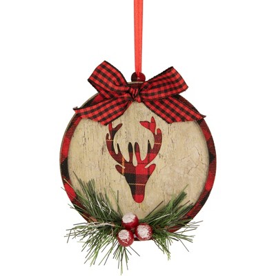 Northlight 4" Red and Black Buffalo Plaid Reindeer Disc Christmas Ornament