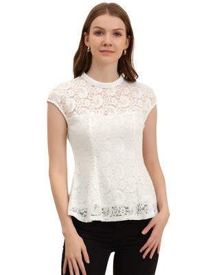 INSPIRE CHIC Women's Mock Neck Cap Sleeve Crochet Lace Peplum Blouse