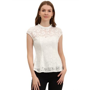 INSPIRE CHIC Women's Mock Neck Cap Sleeve Crochet Lace Peplum Blouse - 1 of 4