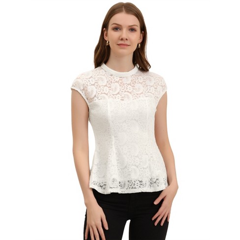 White lace shop mock neck top