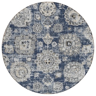 Navy Blue And Gray Floral Washable Indoor Outdoor Area Rug