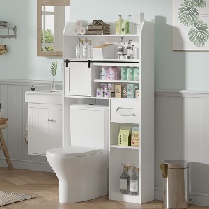 VECELO Over The Toilet Storage Cabinet, Storage Cabinet with Door & Toilet Paper Holder Stand, Space-Saving Toilet Rack, White - 1 of 4