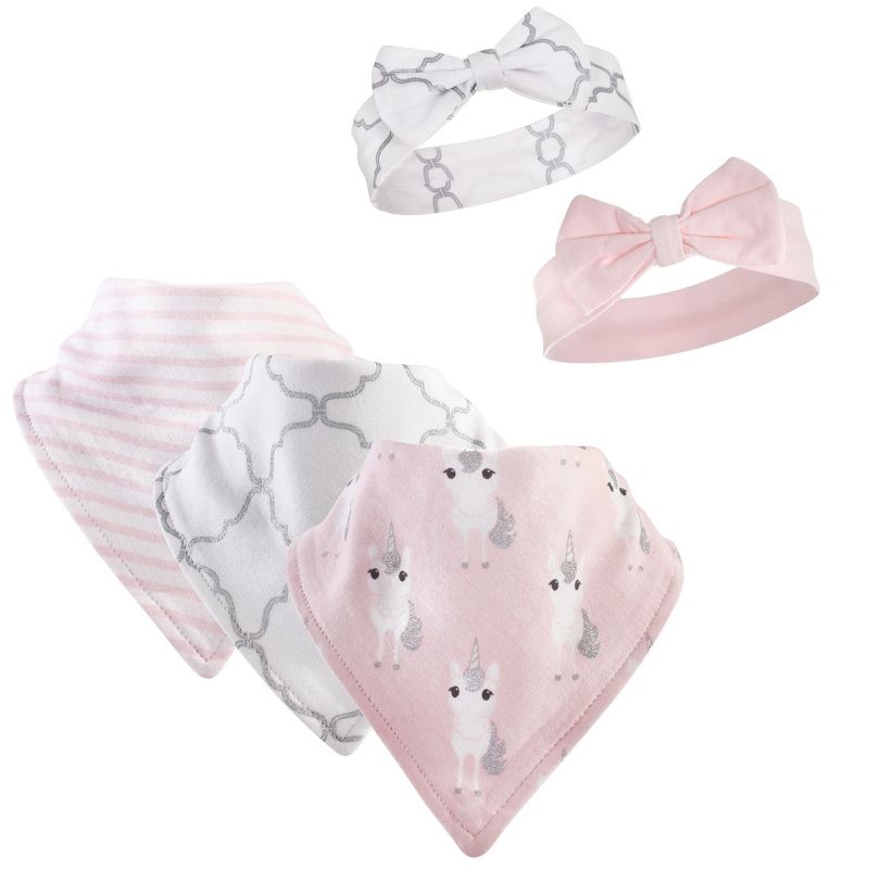 Hudson Baby Infant Girl Cotton Bib and Headband Set 5pk, Pink Unicorn, One Size, 1 of 3
