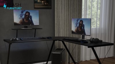 Sleek 71.5" White Laminate and Black Metal L-Shaped Gaming Desk with Monitor Stand