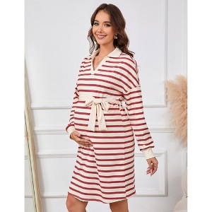 Maternity Sweater Dress Long Sleeve Collar V Neck Striped Belted Baby Shower Midi Dress - 1 of 4