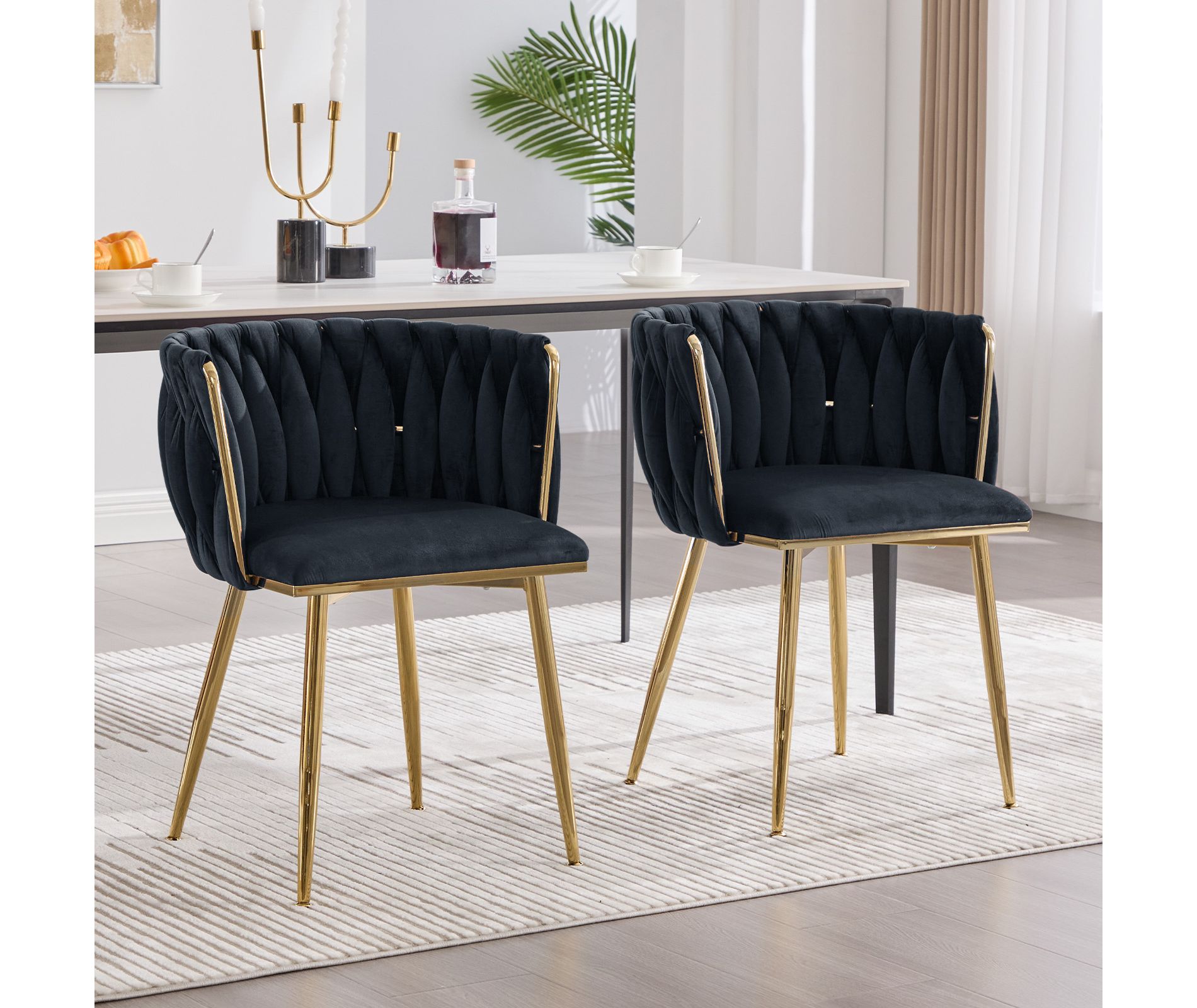 MOONMISS Velvet Woven Dining Chairs Set of 2 with Gold Metal Legs for Living Room, Dining Room, Kitchen