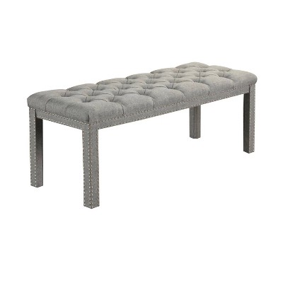 Bench with Fabric Upholstered Seat and Nailhead Trims Silver - Benzara