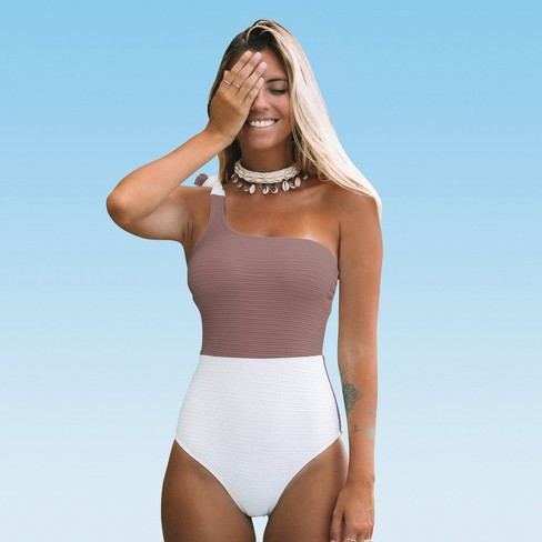 Women's One Piece Swimsuit Color Block One Shoulder Bowknot Bathing Suit  -cupshe-coffee-x-small : Target