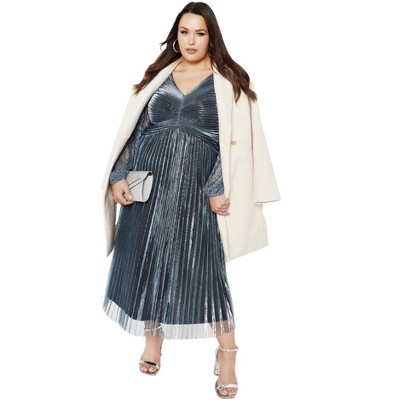 Avenue Women's Plus Size Pleated Plisse Blouson Sleeve Dress