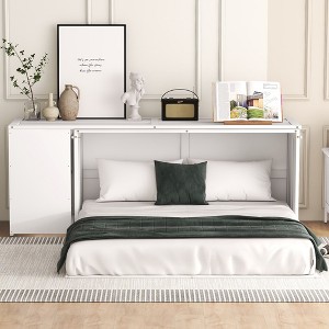 NicBex Queen Size Murphy Bed 120" L Modern Wooden Bed Frame with Rotating Desk and Shelves for Bedroom, Guest Room, No Box Spring Required, White - 1 of 4