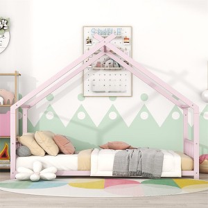 Twin Size House Bed, Metal Floor Bed Frame With Roof, House Shape Bed With Metal Slats Support For Teens Kids Boys Girls, No Box Spring Needed - 1 of 4