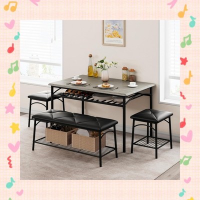 Garvee Stylish Dining Table Set for 4 - Kitchen Table with Comfortable Bench & 2 Chairs, Space-Saving Design with Wine Rack