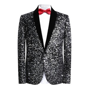 Cloudstyle Men's One Button Slim Fit Velvet Sequin Blazer Party Prom Dinner Jacket - 1 of 4