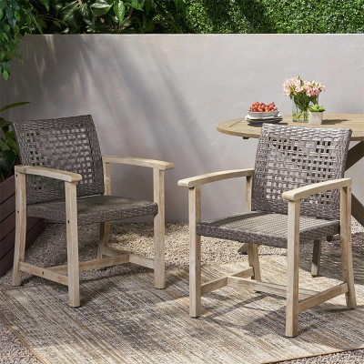 Outdoor Wood Dining Chair Set of 2 with Armrest,Wicker Patio Dining Chair for Patio Dining Room,Garden-Tanpinhause