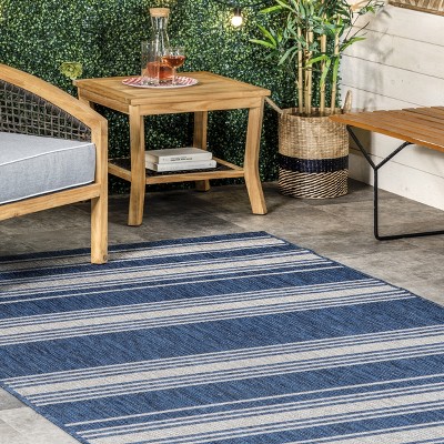 Blue and White Striped Synthetic Indoor/Outdoor Rug