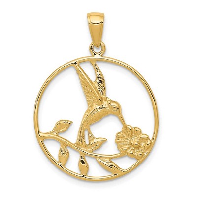 Black Bow Jewelry 14k Yellow Gold 24mm Round Hummingbird and Flower Pendant