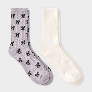 Women's Scallop Edge All-Over Bows and Pointelle 2pk Crew Socks - Auden™ Heather Gray/Black/Ivory 4-10 - 1 of 3