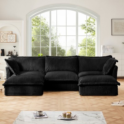 Slipcovered Sectional Sofa, 3 Seater Sofa with Removable Cover, Sofa Couch with Ottoman, Corduroy Fabric Sectional Sofas-Cuddlewood