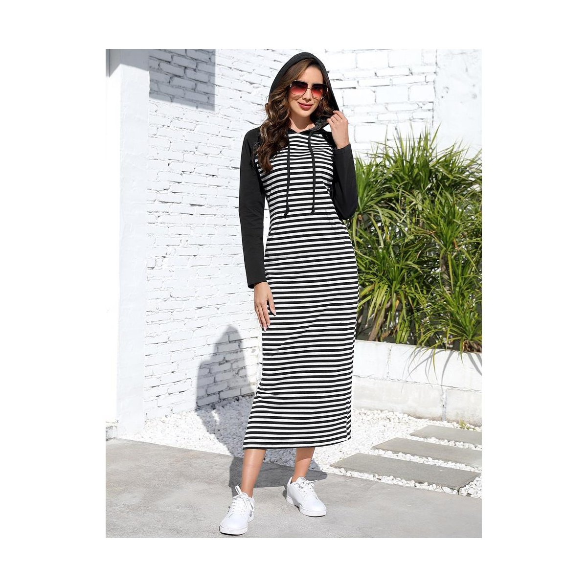 Женские платья Garvee Womens Sweatshirts Dress Maxi Hoodie Dress Long Sleeve Sheath Dress Stripes Dress with Front Pocket,Dark Green White Stripes - M — фото 6