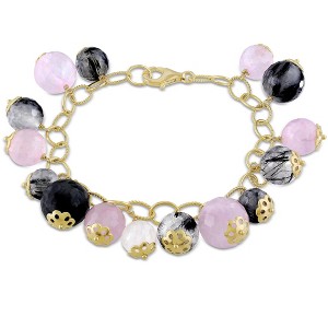 EVERLY JEWELRY | Yellow Plated Sterling Silver Rose and Black Rutilated Quartz Charm Bracelet - 7 in - 1 of 1