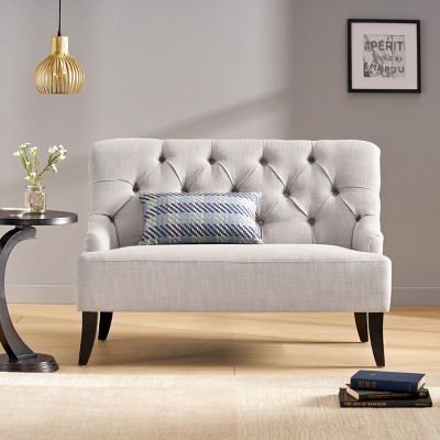 TiramisuBest Navy Blue Upholstered Settee, Button Tufted Loveseat with Wood Legs, Compact Sofa Bench for Small Spaces, Bedroom or Entryway