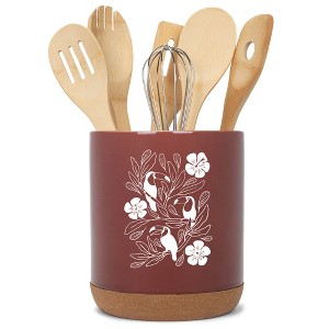 Elanze Designs 8 inch Floral Toucan Large Ceramic Kitchen Utensil Holder Red and White Crock with Cork Base - 1 of 4