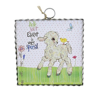 Round Top Collection Easter Lamb Mini Print  -  One Mini Print 7.0 Inches -  Chick Butterfly Flower  -  E22096  -  Wood  -  White