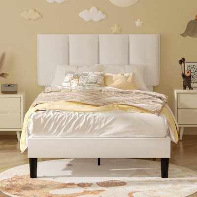 VECELO Upholstered Bed Frame with Adjustable Headboard, Heavy-Duty Platform Bed with Strong Wood Slat Support, No Box Spring Needed