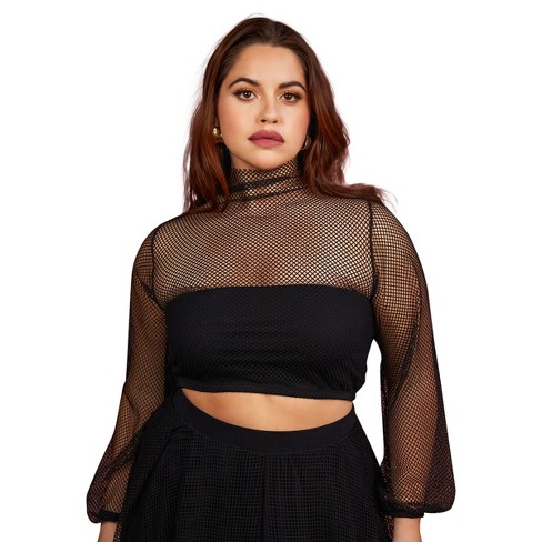 Rebdolls Women's Ariel Fishnet Long Sleeve Crop Top - Black - Small