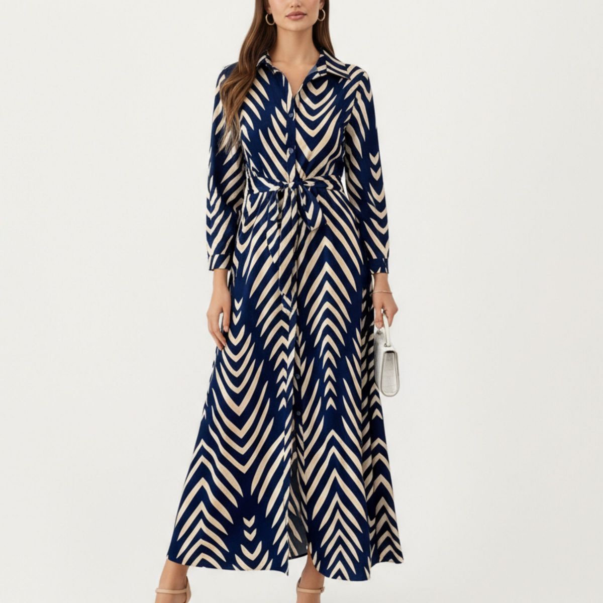 Anna-Kaci Women's Long Sleeve Button-Up Maxi Shirt Dress with Geometric Chevron Print and Waist Tie