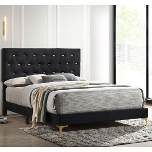 Sapphtopaz Modern Queen Size Bed Frame with Gold Bars Tufted Upholstered Headboard Wooden Panel Bed with Metal Leg for Bedroom,No Box Spring Needed - 1 of 4