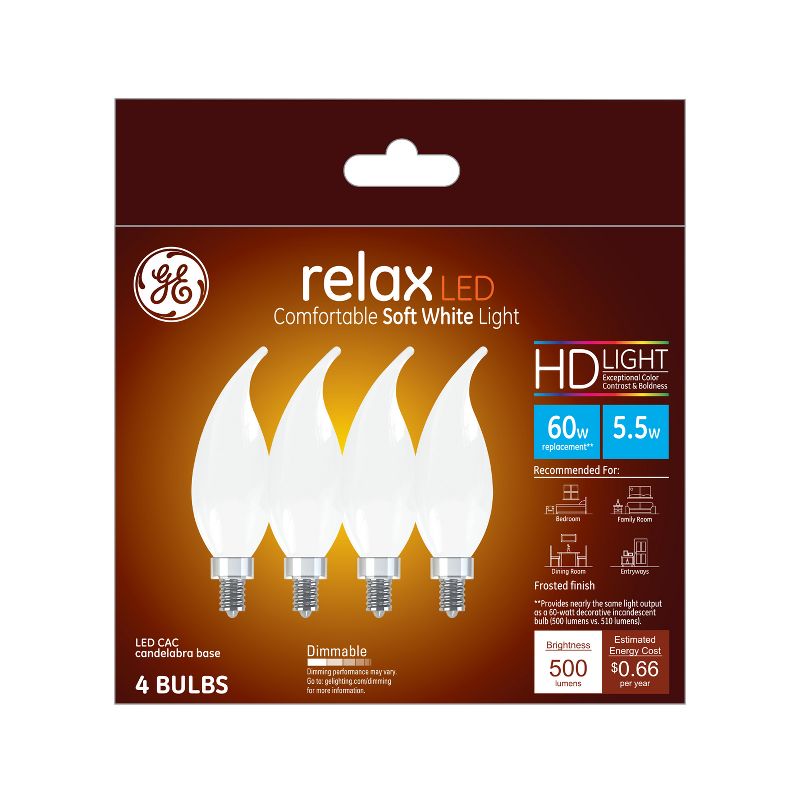 GE 4pk 5.5W 60W Equivalent Relax HD Decorative Light Bulbs Soft White, 1 of 3