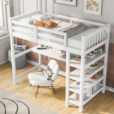 NicBex Twin/Full Size Loft Bed with Under-bed Desk & Storage,Space-Saving Study & Sleep Loft Bed with Shelves,Loft Bed for Kids,Teen,Adults