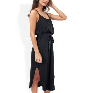 Anna-Kaci Women's Spaghetti Midi Dress with Satin Bow Tie Waist and Side Slits - 1 of 4